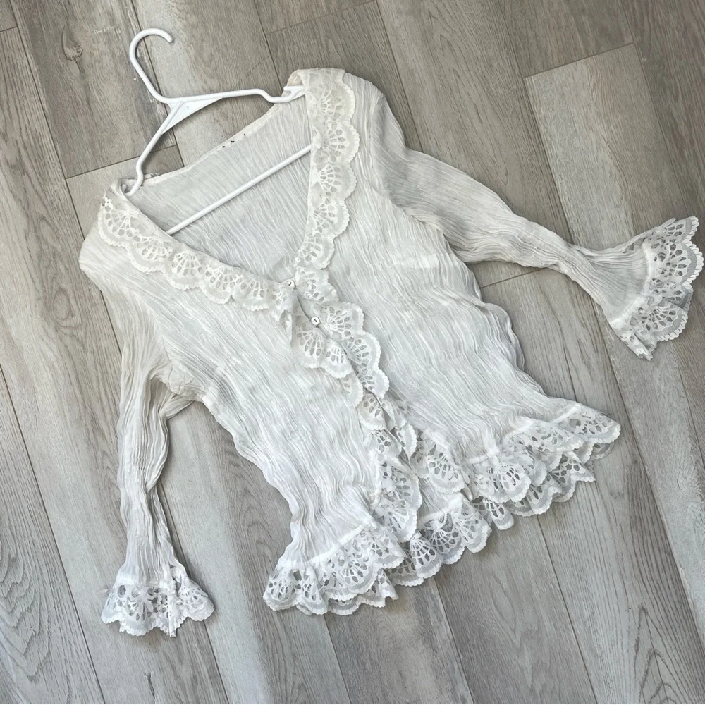 Romantic Bohemian Blouse crinkle pleat lace womens White one size cottage fairy